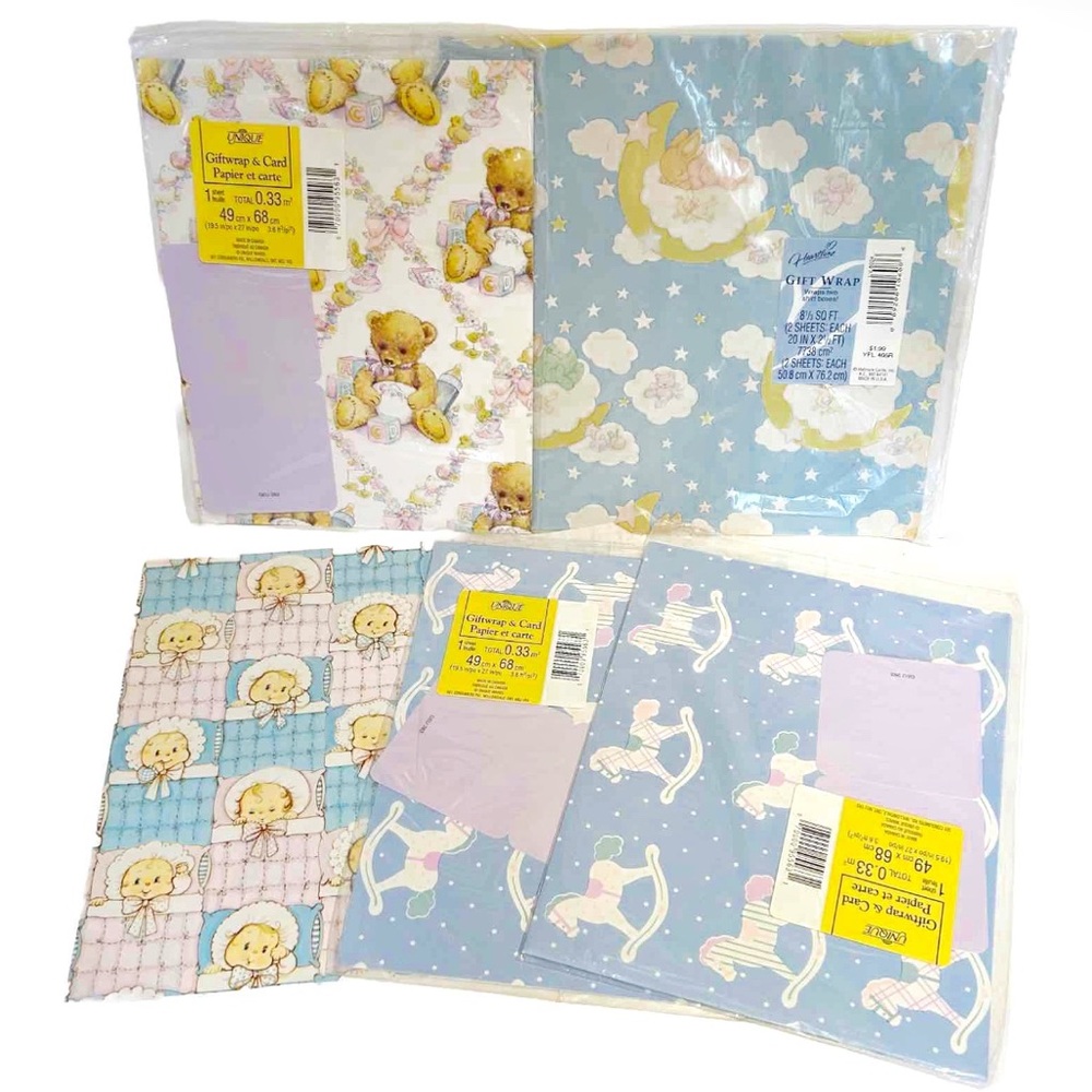 Vintage Baby Shower Wrapping Paper Gift Wrap Present Blue Pink Pastel Gender Fun